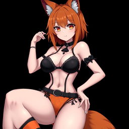 A sexy gothic kitsune anime girl with striking shoulder-length orange hair, wearing a captivating black and orange bikini that accentuates her curves