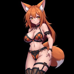 A sexy gothic kitsune anime girl with striking shoulder-length orange hair, wearing a captivating black and orange bikini that accentuates her curves