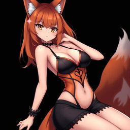 A sexy gothic kitsune anime girl with striking shoulder-length orange hair, wearing a captivating black and orange bikini that accentuates her curves