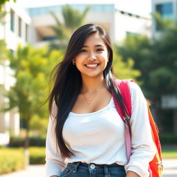 A beautiful Indonesian female university student with large breasts, smiling and standing confidently on campus
