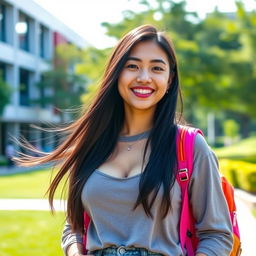 A beautiful Indonesian female university student with large breasts, smiling and standing confidently on campus