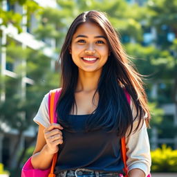 A beautiful Indonesian female university student with large breasts, smiling and standing confidently on campus