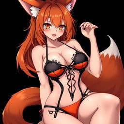 A sexy gothic kitsune anime girl with shoulder-length orange hair, adorned in a captivating black and orange bikini that highlights her voluptuous figure, featuring huge breasts and thick thighs