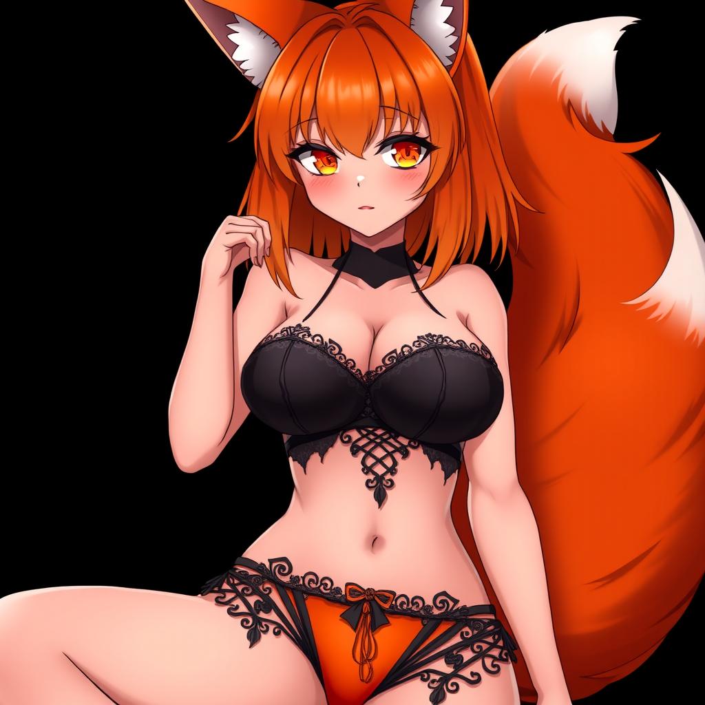 A sexy gothic kitsune anime girl with shoulder-length orange hair, adorned in a captivating black and orange bikini that highlights her voluptuous figure, featuring huge breasts and thick thighs