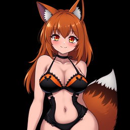 A sexy gothic kitsune anime girl with shoulder-length orange hair, adorned in a stunning black and orange bikini that accentuates her voluptuous figure, featuring huge breasts and thick thighs