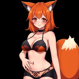 A sexy gothic kitsune anime girl with shoulder-length orange hair, adorned in a stunning black and orange bikini that accentuates her voluptuous figure, featuring huge breasts and thick thighs