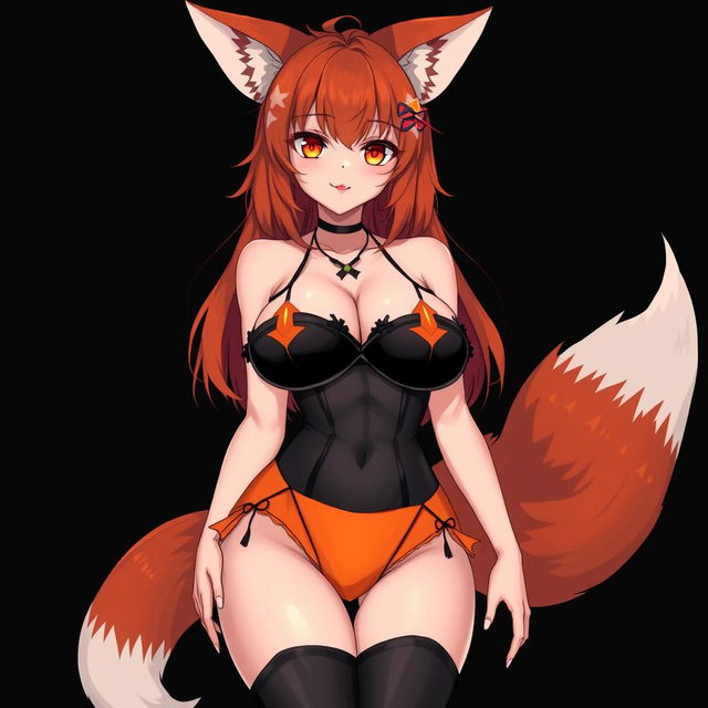 A sexy gothic kitsune anime girl with shoulder-length orange hair, adorned in a stunning black and orange bikini that accentuates her voluptuous figure, featuring huge breasts and thick thighs