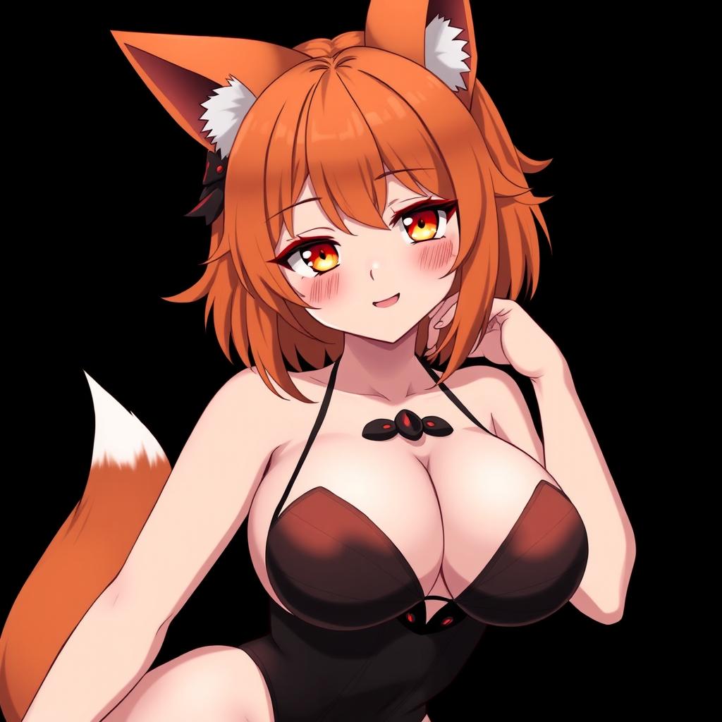 A sexy gothic kitsune anime girl with shoulder-length orange hair, adorned in a stunning black and orange bikini that accentuates her voluptuous figure, featuring huge breasts and thick thighs