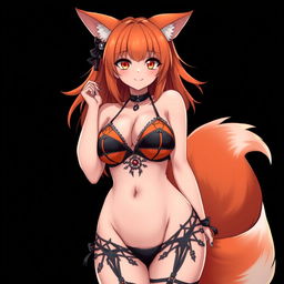 A sexy gothic kitsune anime girl with shoulder-length orange hair, wearing a stunning black and orange bikini that showcases her voluptuous figure, featuring huge breasts and thick thighs