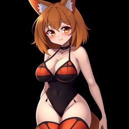 A sexy gothic kitsune anime girl with shoulder-length orange hair, wearing a stunning black and orange bikini that showcases her voluptuous figure, featuring huge breasts and thick thighs