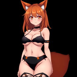 A sexy gothic kitsune anime girl with shoulder-length orange hair, wearing a stunning black and orange bikini that showcases her voluptuous figure, featuring huge breasts and thick thighs