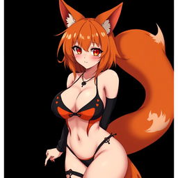 A sexy gothic kitsune anime girl with shoulder-length orange hair, wearing a stunning black and orange bikini that showcases her voluptuous figure, featuring huge breasts and thick thighs