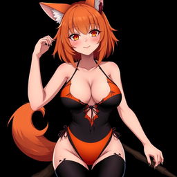 A sexy gothic witch kitsune anime girl with shoulder-length orange hair, dressed in a captivating black and orange bikini that perfectly showcases her voluptuous figure, featuring huge breasts and thick thighs