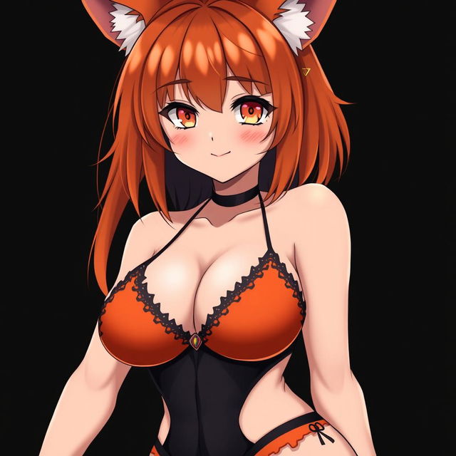 A sexy gothic witch kitsune anime girl with shoulder-length orange hair, dressed in a captivating black and orange bikini that perfectly showcases her voluptuous figure, featuring huge breasts and thick thighs