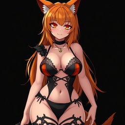 A sexy gothic witch kitsune anime girl with shoulder-length orange hair, dressed in a captivating black and orange bikini that perfectly showcases her voluptuous figure, featuring huge breasts and thick thighs