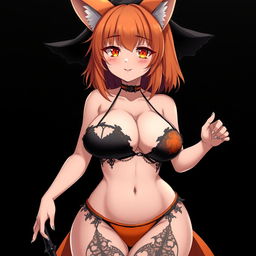 A sexy gothic witch kitsune anime girl with shoulder-length orange hair, dressed in a captivating black and orange bikini that perfectly showcases her voluptuous figure, featuring huge breasts and thick thighs