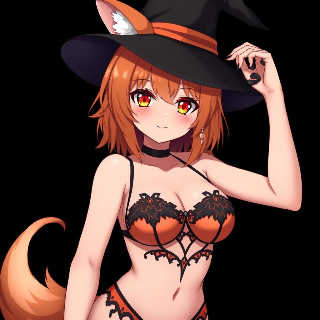 A sexy gothic witch kitsune anime girl with shoulder-length orange hair, elegantly adorned with a stylish witch's hat