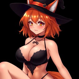 A sexy gothic witch kitsune anime girl with shoulder-length orange hair, elegantly adorned with a stylish witch's hat