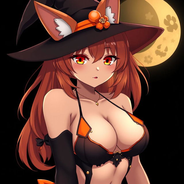 A sexy gothic witch kitsune anime girl with shoulder-length orange hair, elegantly adorned with a stylish witch's hat