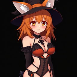 A sexy gothic witch kitsune anime girl with shoulder-length orange hair, adorned with a stylish witch's hat