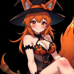 A sexy gothic witch kitsune anime girl with shoulder-length orange hair, adorned with a stylish witch's hat