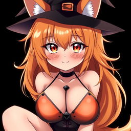 A sexy gothic witch kitsune anime girl with shoulder-length orange hair, adorned with a stylish witch's hat
