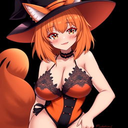 A sexy gothic witch kitsune anime girl with shoulder-length orange hair, adorned with a stylish witch's hat