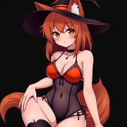 A sexy gothic witch kitsune anime girl with shoulder-length orange hair, elegantly wearing a stylish witch's hat