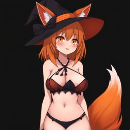 A sexy gothic witch kitsune anime girl with shoulder-length orange hair, elegantly wearing a stylish witch's hat