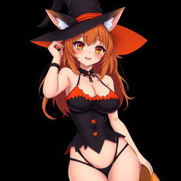 A sexy gothic witch kitsune anime girl with shoulder-length orange hair, elegantly wearing a stylish witch's hat
