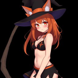 A sexy gothic witch kitsune anime girl with shoulder-length orange hair, elegantly wearing a stylish witch's hat