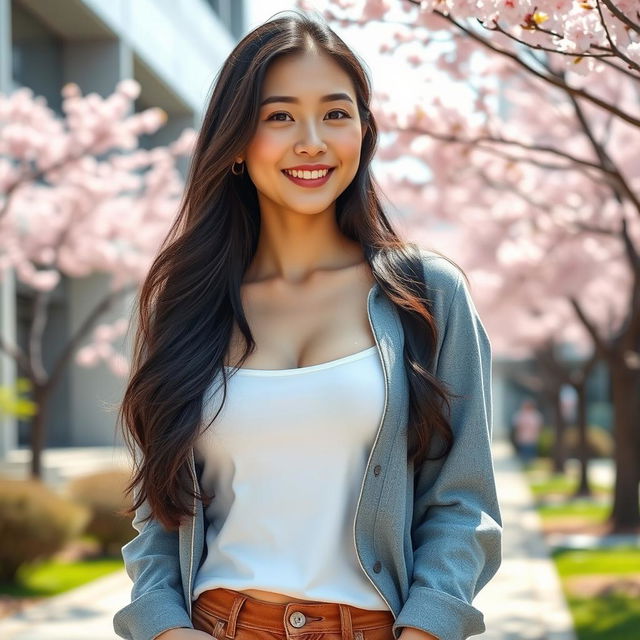 A beautiful South Korean female university student with large breasts, standing gracefully on a vibrant campus