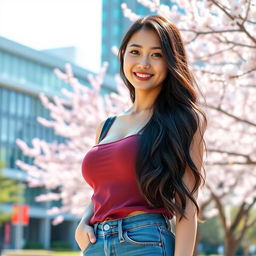 A beautiful South Korean female university student with large breasts, standing gracefully on a vibrant campus