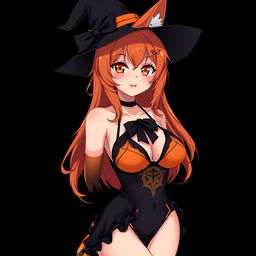 A sexy gothic witch kitsune anime girl with shoulder-length orange hair, elegantly adorned with a fashionable witch's hat