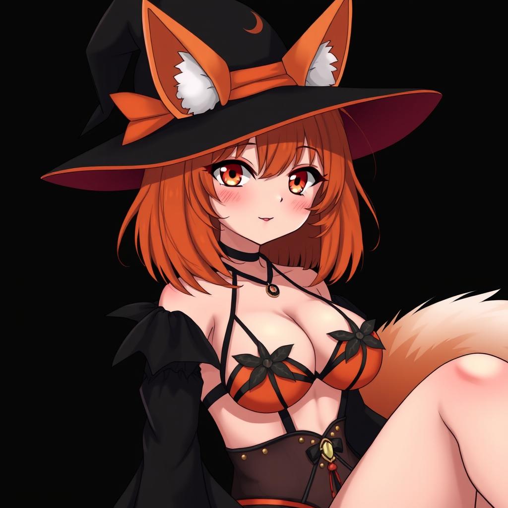 A sexy gothic witch kitsune anime girl with shoulder-length orange hair, elegantly adorned with a fashionable witch's hat