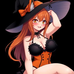A sexy gothic witch kitsune anime girl with shoulder-length orange hair, elegantly adorned with a fashionable witch's hat