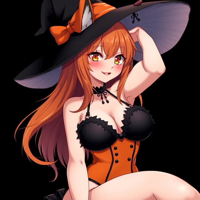 A sexy gothic witch kitsune anime girl with shoulder-length orange hair, elegantly adorned with a fashionable witch's hat