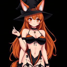 A sexy gothic witch kitsune anime girl with shoulder-length orange hair, elegantly adorned with a fashionable witch's hat