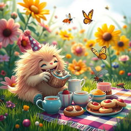 A whimsical scene of a cute, cartoon-style creature, resembling a fluffy, colorful monster, having a joyful tea party in a vibrant garden filled with oversized flowers and playful insects