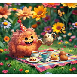 A whimsical scene of a cute, cartoon-style creature, resembling a fluffy, colorful monster, having a joyful tea party in a vibrant garden filled with oversized flowers and playful insects
