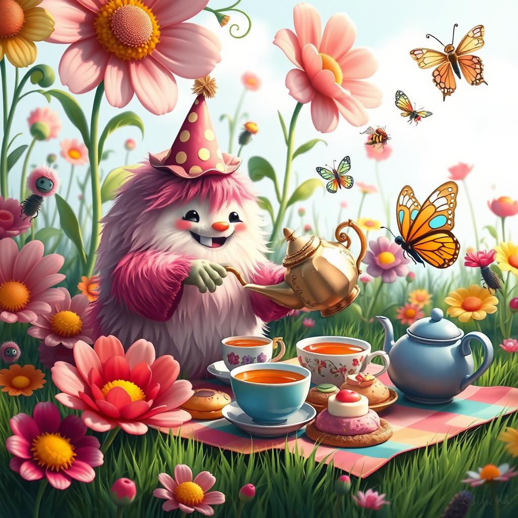 A whimsical scene of a cute, cartoon-style creature, resembling a fluffy, colorful monster, having a joyful tea party in a vibrant garden filled with oversized flowers and playful insects