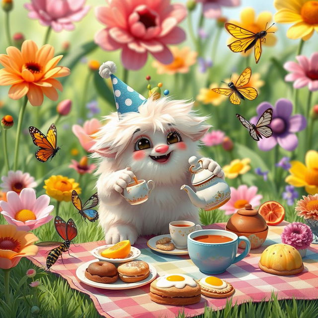 A whimsical scene of a cute, cartoon-style creature, resembling a fluffy, colorful monster, having a joyful tea party in a vibrant garden filled with oversized flowers and playful insects