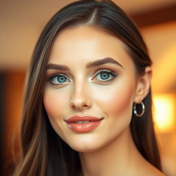 A beautiful woman with long lashes, a small nose, and fuller lips, featuring a natural makeup look that enhances her beauty without being overpowering