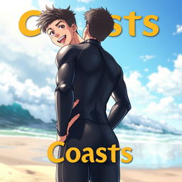 Detailed anime-style cover art for a book titled 'Coasts' featuring an excited teenage male character in a tight glossy wetsuit standing confidently on the beach
