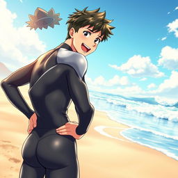 Detailed anime-style cover art for a book titled 'Coasts' featuring an excited teenage male character in a tight glossy wetsuit standing confidently on the beach