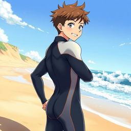 Detailed anime-style cover art for a book titled 'Coasts' featuring an excited teenage male character in a tight glossy wetsuit standing confidently on the beach
