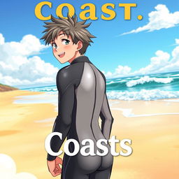 Detailed anime-style cover art for a book titled 'Coasts' featuring an excited teenage male character in a tight glossy wetsuit standing confidently on the beach