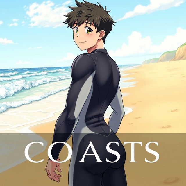 Detailed anime-style cover art for a book titled 'Coasts' featuring an excited teenage male character in a tight glossy wetsuit standing confidently on the beach