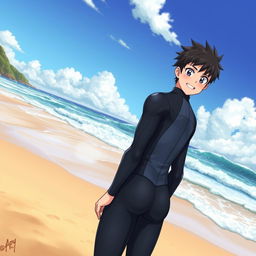 Detailed anime-style cover art for a book titled 'Coasts' featuring an excited teenage male character in a tight glossy wetsuit standing confidently on the beach
