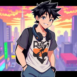 An anime-style illustration of a teenage boy with striking black hair, wearing stylish headphones around his neck